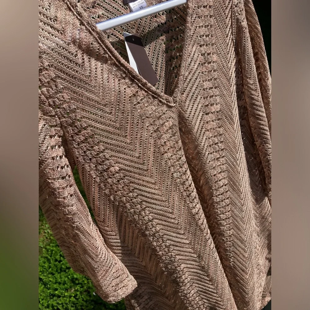Elif Open Knit V Neck Shiny Metallic Pink Grey Swim Cover Up Tunic Bell Sleeves